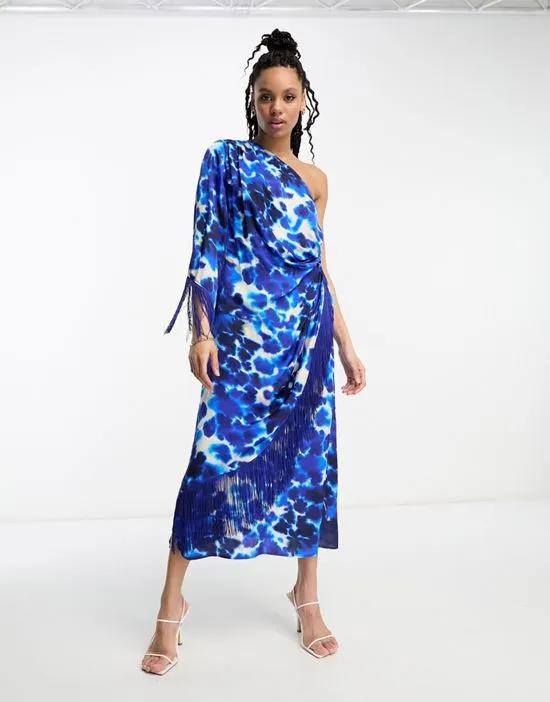 one shoulder fringed maxi dress in blue print