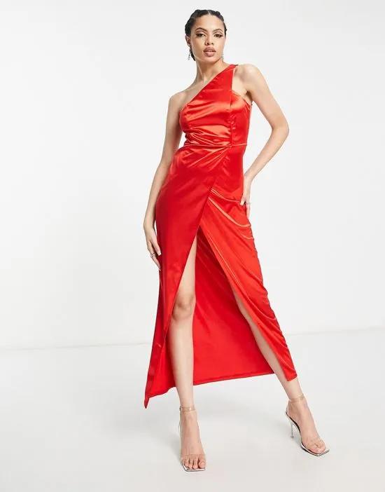 one shoulder front silt satin maxi dress in red