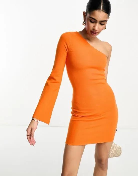 one shoulder knit mini dress in orange