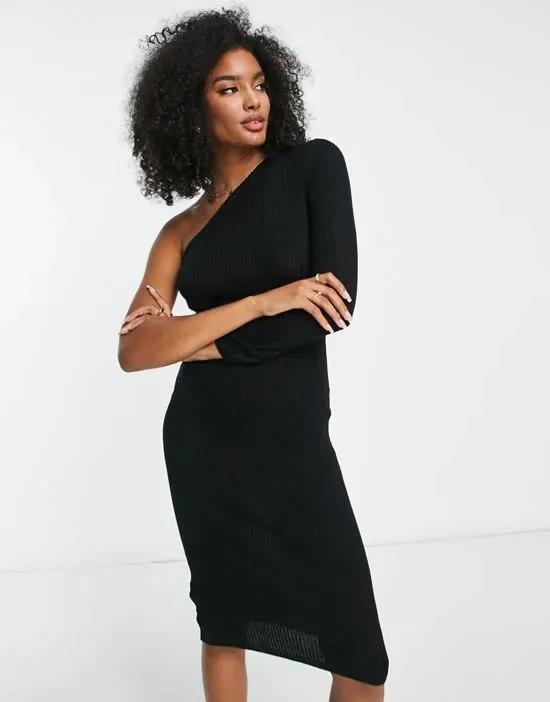 one shoulder knitted midi dress in black