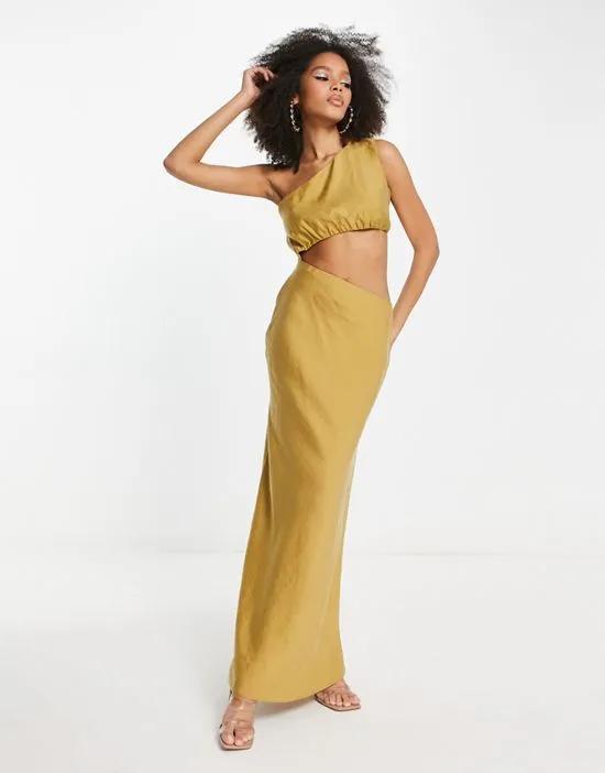 one shoulder maxi dress in washed fabric with cut out waist in stone