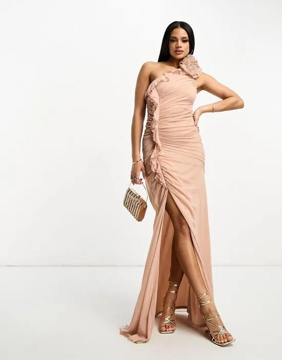 one shoulder mesh corsage high split maxi dress in dark blush