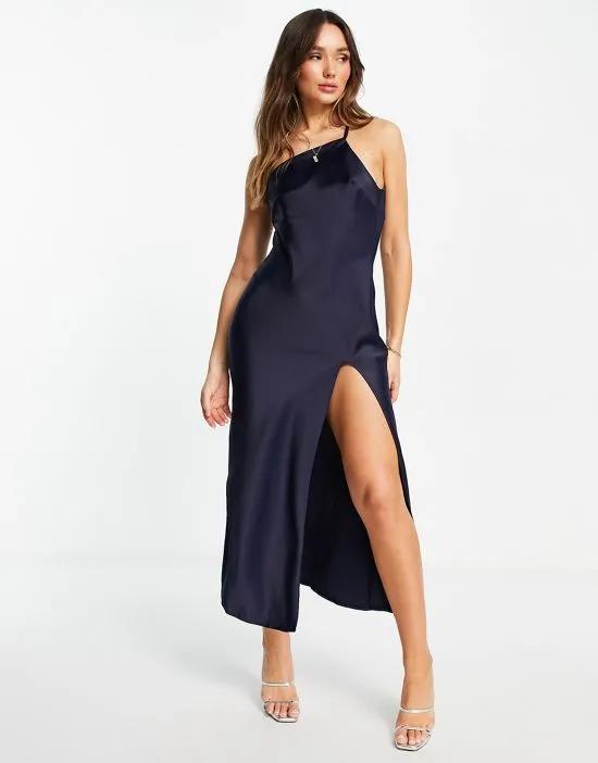 one shoulder midaxi dress in satin with drape back in navy