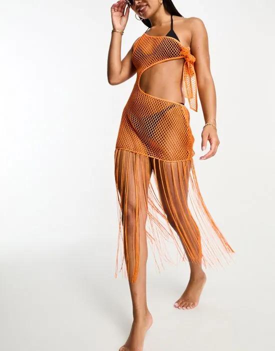 one shoulder midi beach dress with fringing in orange