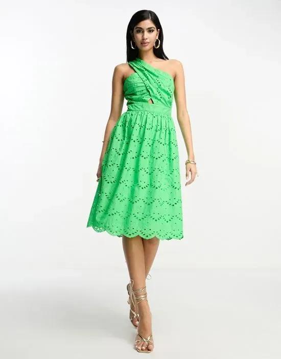 one shoulder mini dress in bold green broderie
