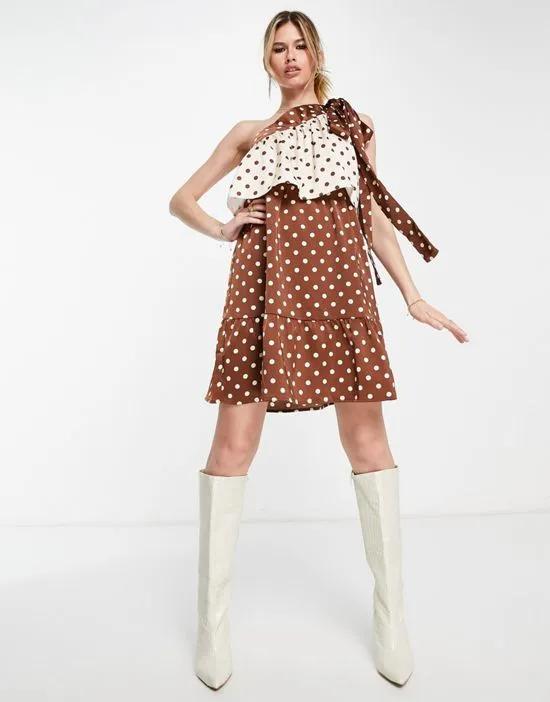 one shoulder mini dress in chocolate polka dot - BROWN