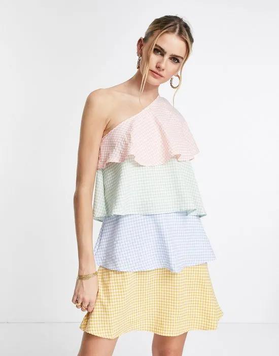 one shoulder mini dress in multi colored tiering