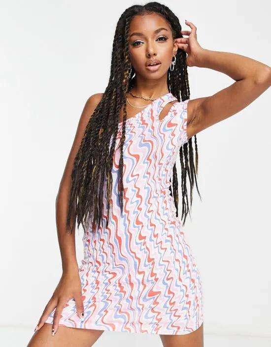 one shoulder mini dress in swirl print