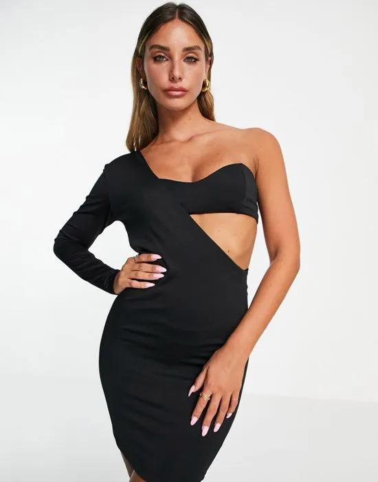 one shoulder mini dress with contrast bra detail in black - BLACK