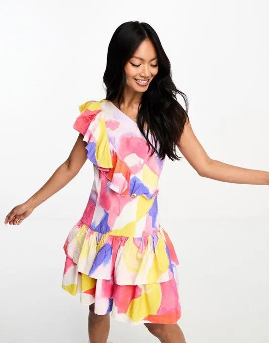 one shoulder mini ruffle dress in multicolor paint splash