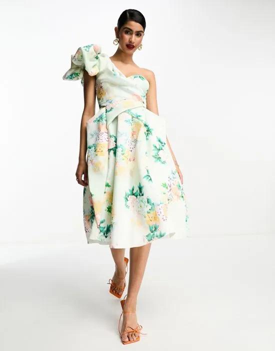 one shoulder origami midi prom dress in blue floral print