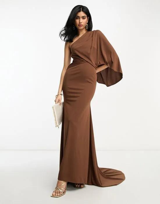 one shoulder premium draped maxi dress with train detail in chocolate brown