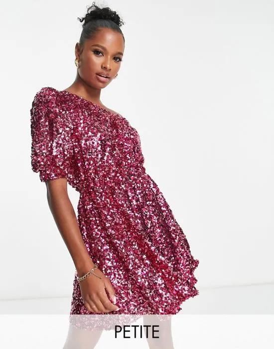 one shoulder puff sleeve sequin mini dress in pink