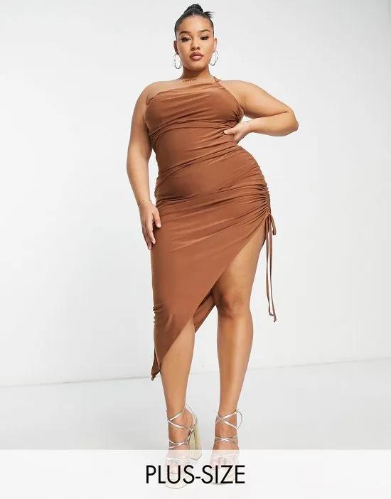one shoulder ruched midi dress in brown