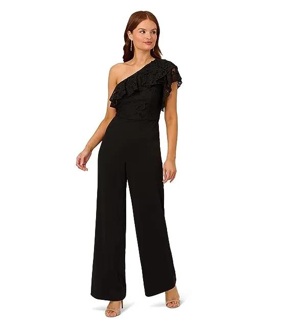 One Shoulder Ruffled Lace and Stretch Crepe Jumpsuit