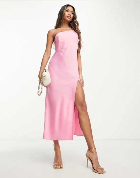 one shoulder satin midi dress in pink