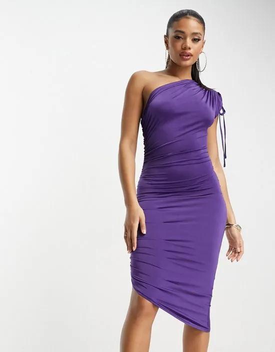 one shoulder slinky mini dress in purple