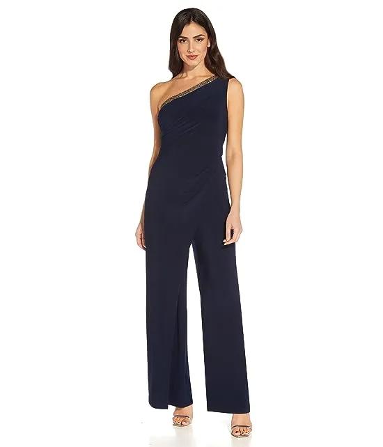 One Shoulder Stretch Jersey Jumpsuit with Beaded Trim