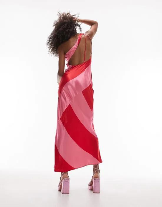 one shoulder stripe satin midi dress in red and pink