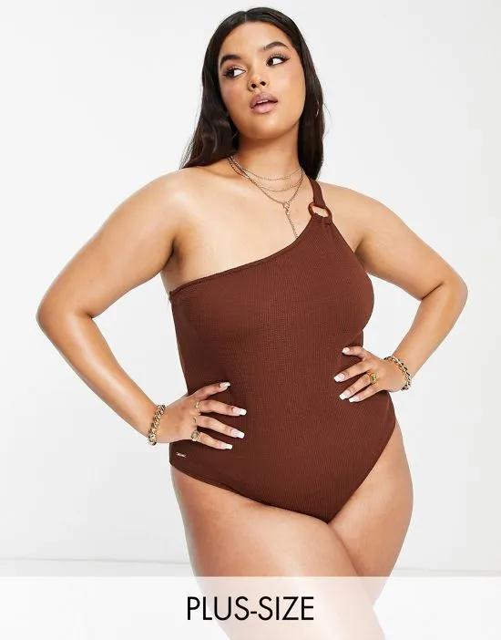 one shoulder textured swimsuit in brown
