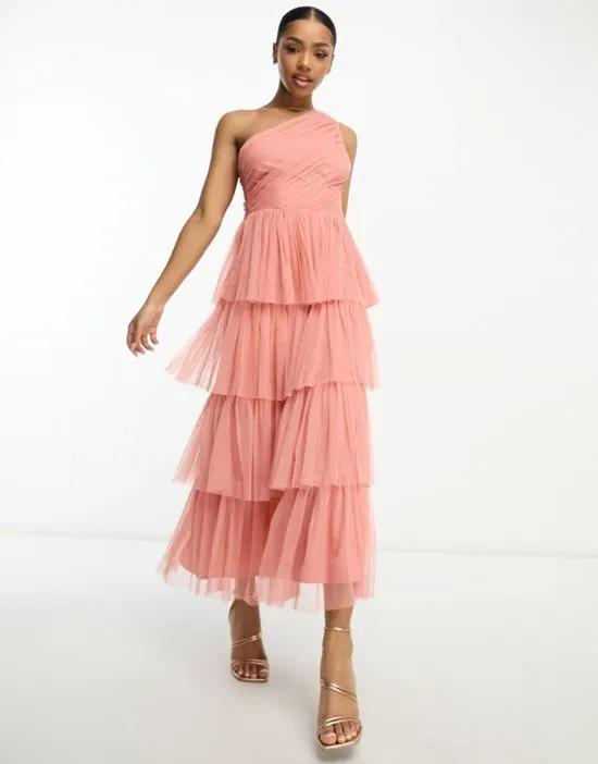 one shoulder tiered midaxi dress in coral