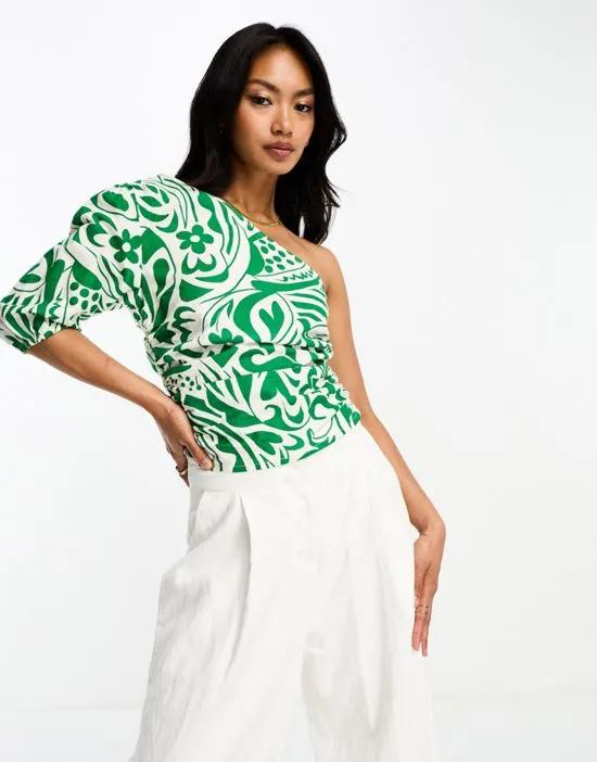 one shoulder top with ruched side in green & cream floral print