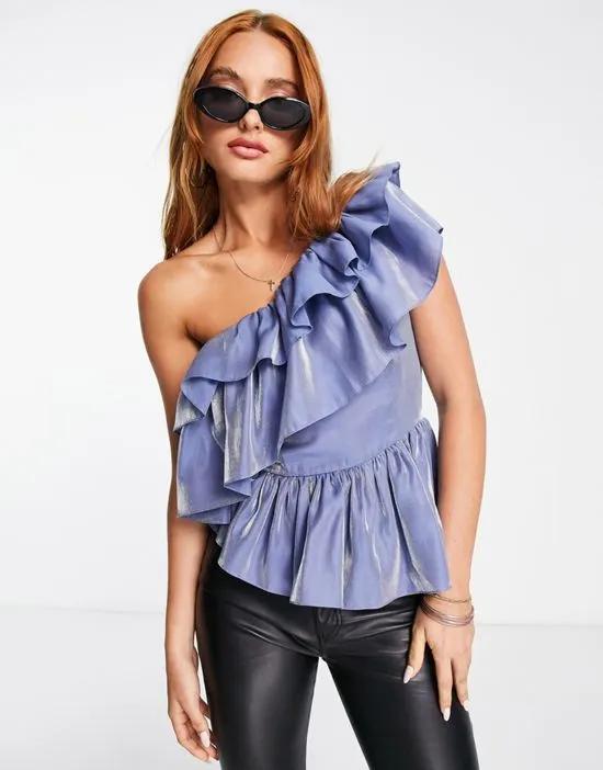 one shoulder top with ruffle and peplum hem in shimmer blue