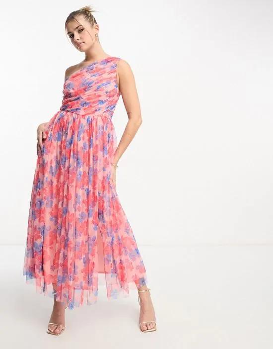 one shoulder tulle midaxi dress in floral print