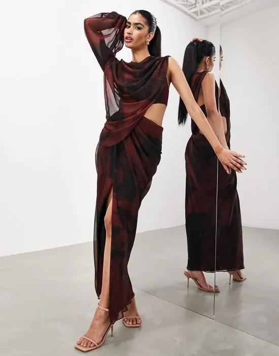 one-sleeve draped asymmetric Grecian maxi dress in dark red blurred floral