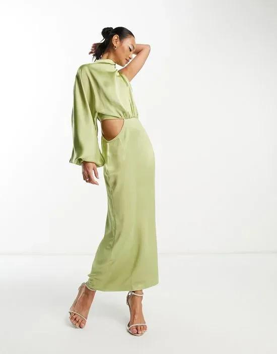 one sleeve satin maxi dress in olive