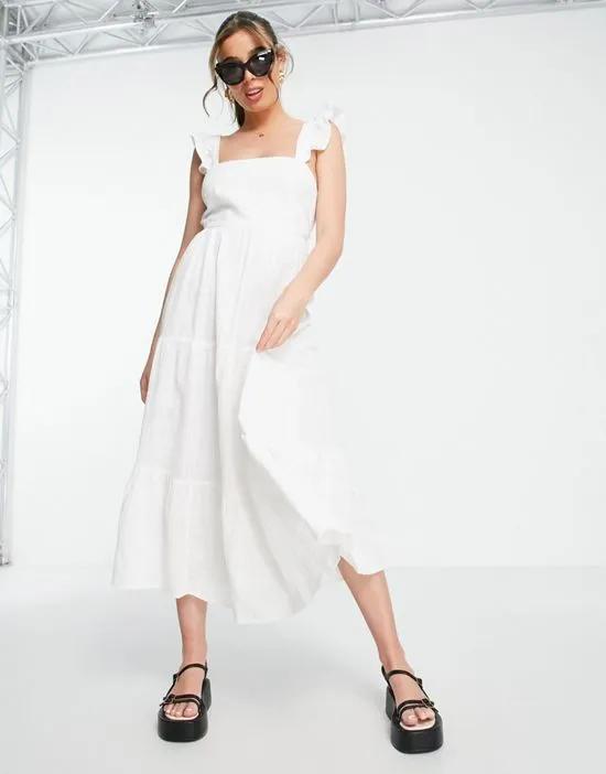open back frill strap tiered midi dress in white