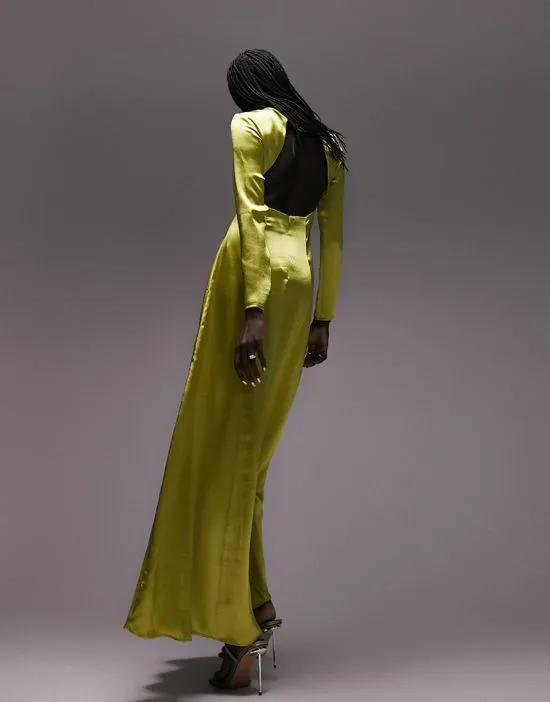 open back long sleeve satin occasion maxi dress in chartreuse