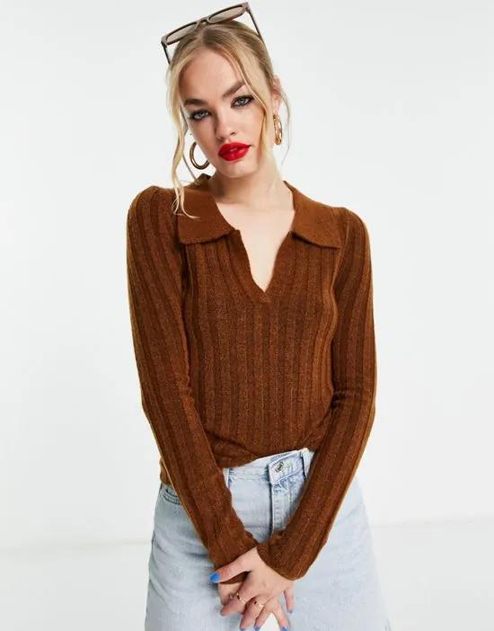 open collar ribbed sweater in ginger