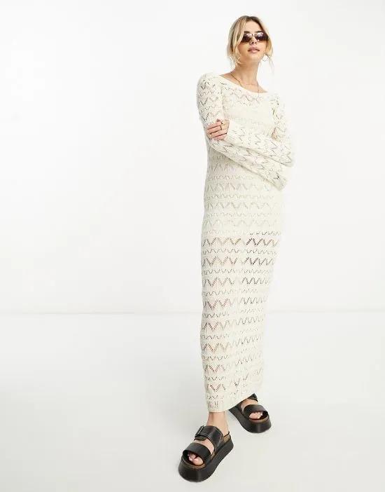 open crochet maxi dress with open back detail in ecru