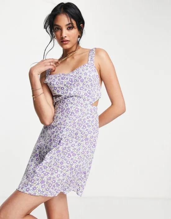open strappy back mini dress in ditsy floral print