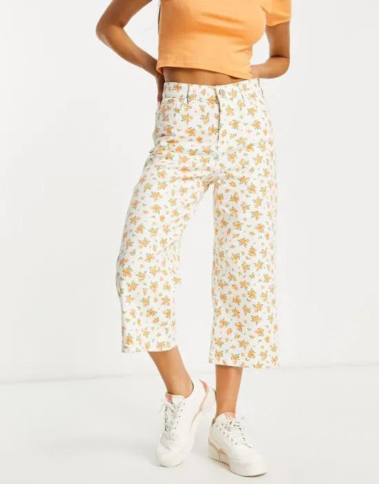 orange floral cropped wide leg pants in white