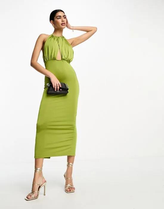 overlay halter slinky midi dress in olive green