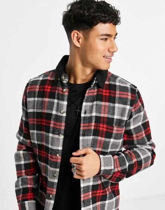 overshirt in gray wool check with black teddy collar