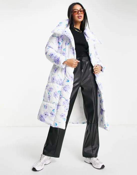 oversized belted padded jacket in floral print