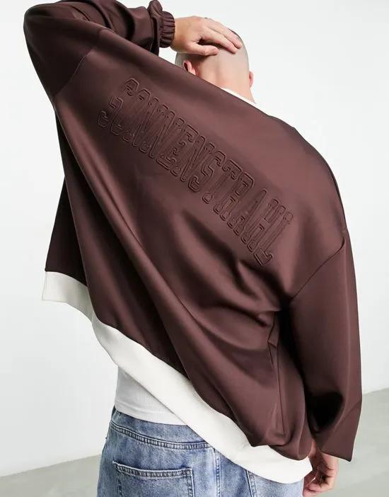 oversized bomber jacket in brown scuba with embossed back text print