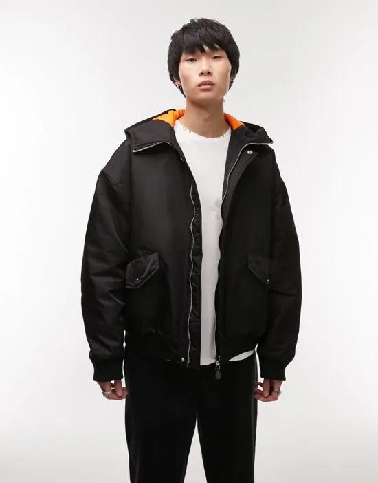 oversized bomber jacket with hood in black