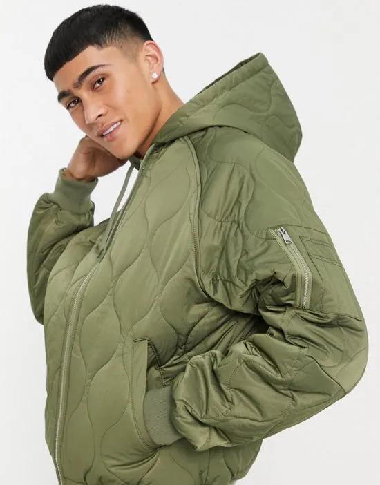 oversized bomber jacket with hood in green