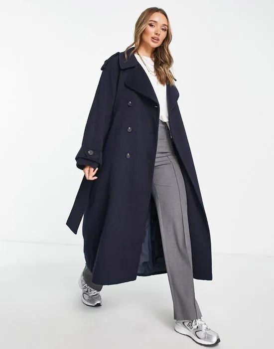 oversized brushed formal trench wool mix coat in navy