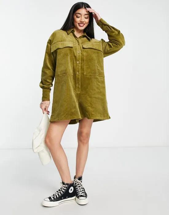 oversized cord shirt romper in olive green