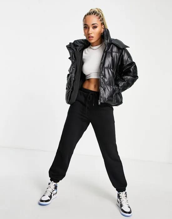 oversized cropped puffer jacket with hood in faux leather