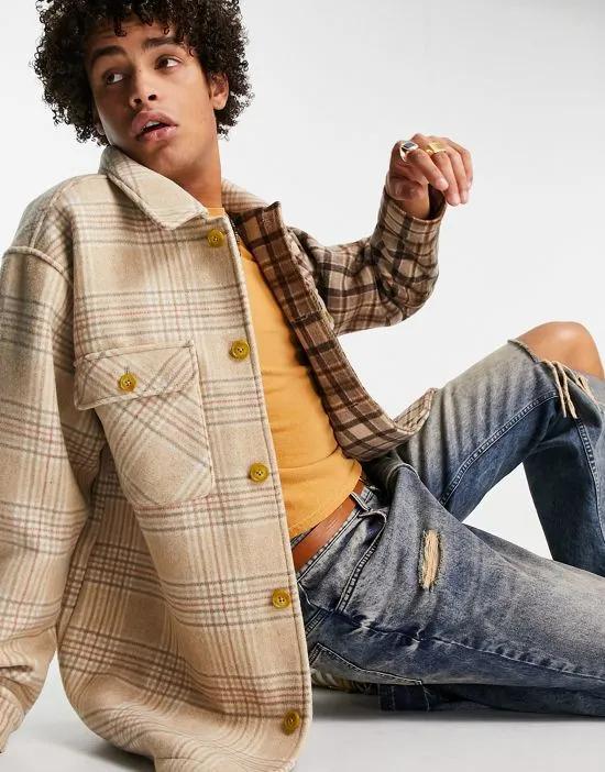 oversized cut & sew check wool mix shacket in beige