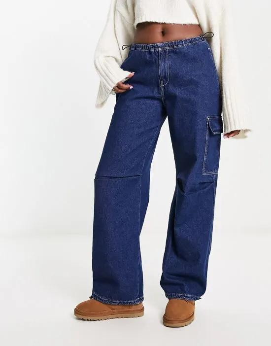 oversized denim parachute pants in dark blue
