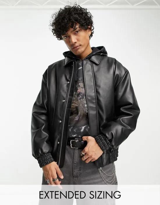 oversized faux leather bomber jacket in black