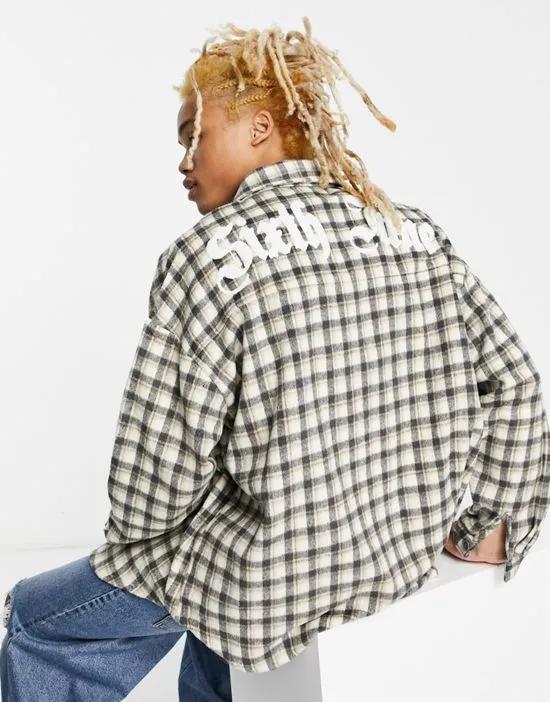oversized flannel check overshirt in gray with logo embroidery