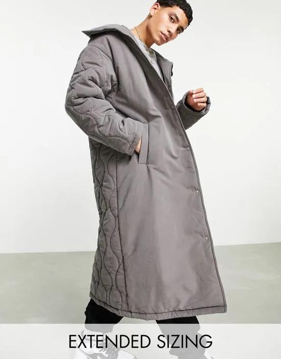 oversized funnel neck puffer jacket with quilted panel in gray